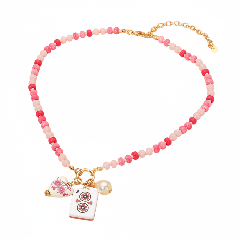Mahjong Necklace - 2 Dot - Pink