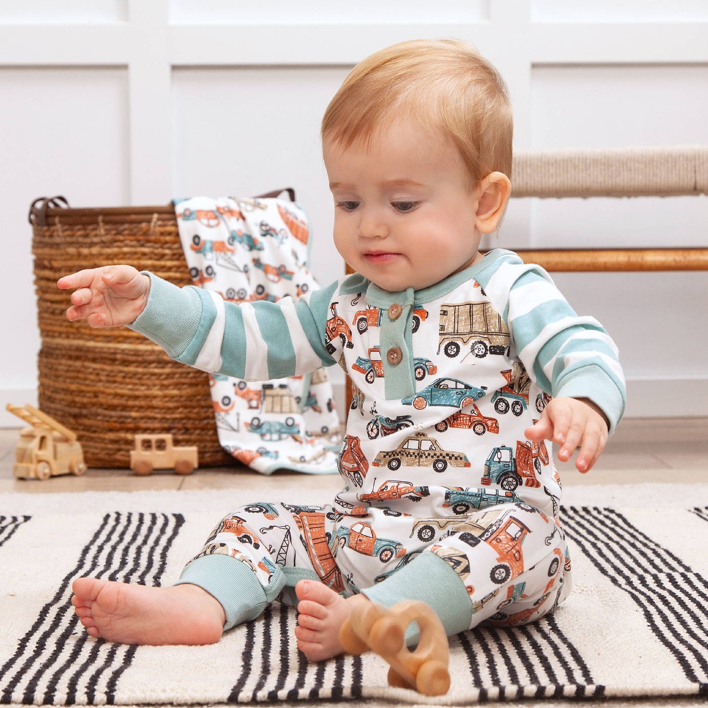 Baby Boy's Let's Ride Bamboo Henley Romper